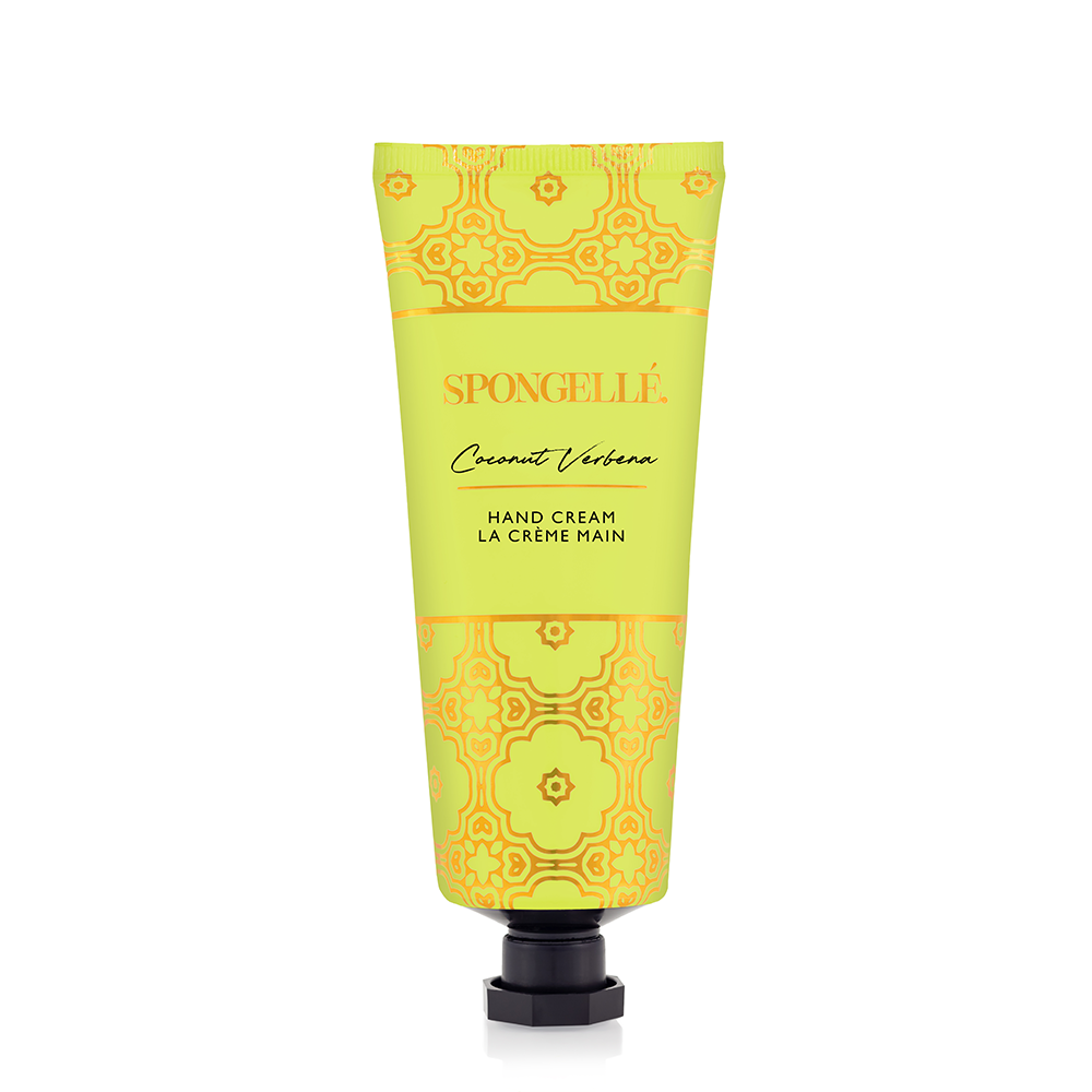 Spongellé Coconut Verbena hand cream in a tube, featuring a tropical coconut and verbena scent and moisturizing formula.
