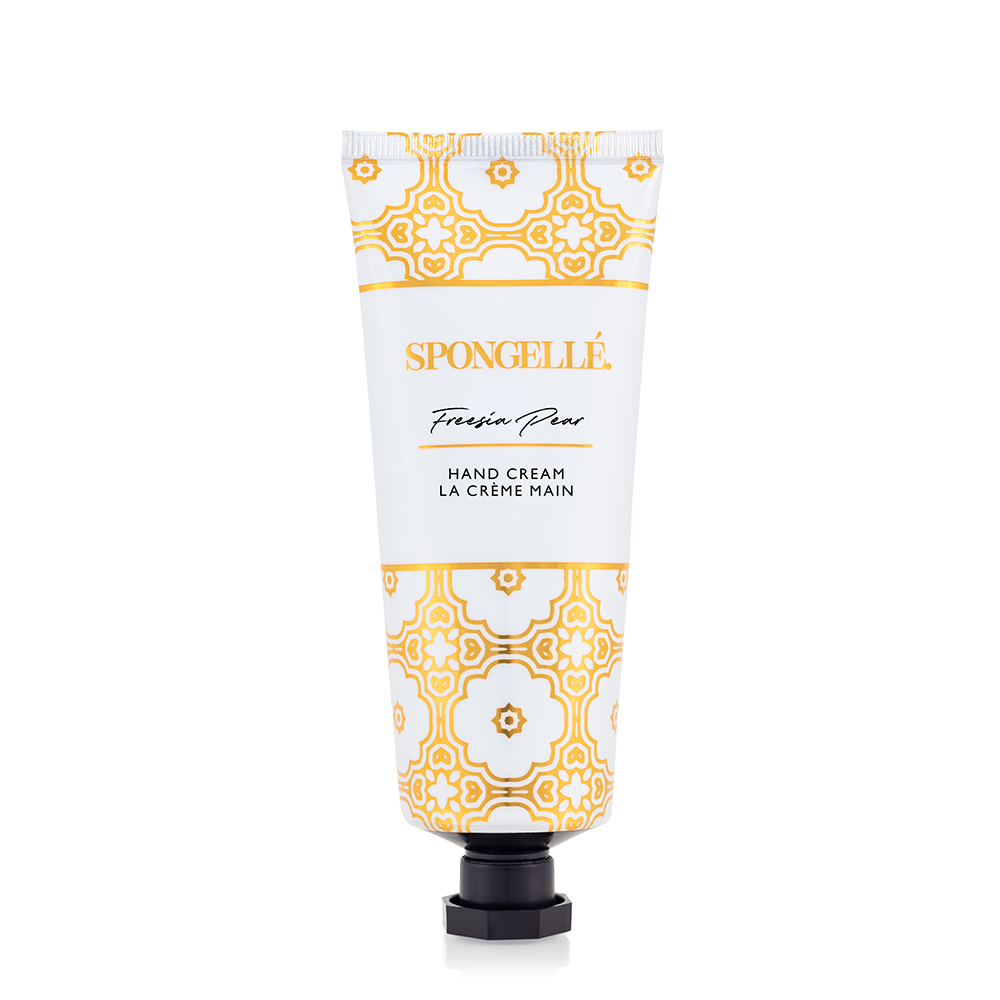 Spongellé Freesia Pear hand cream tube with floral design, showcasing nourishing hand moisturizer for smooth, soft skin.