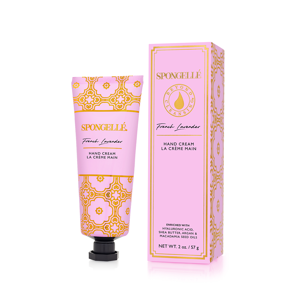 Spongellé French Lavender hand cream in a sleek tube, featuring a lavender flower design and soft pastel colors.