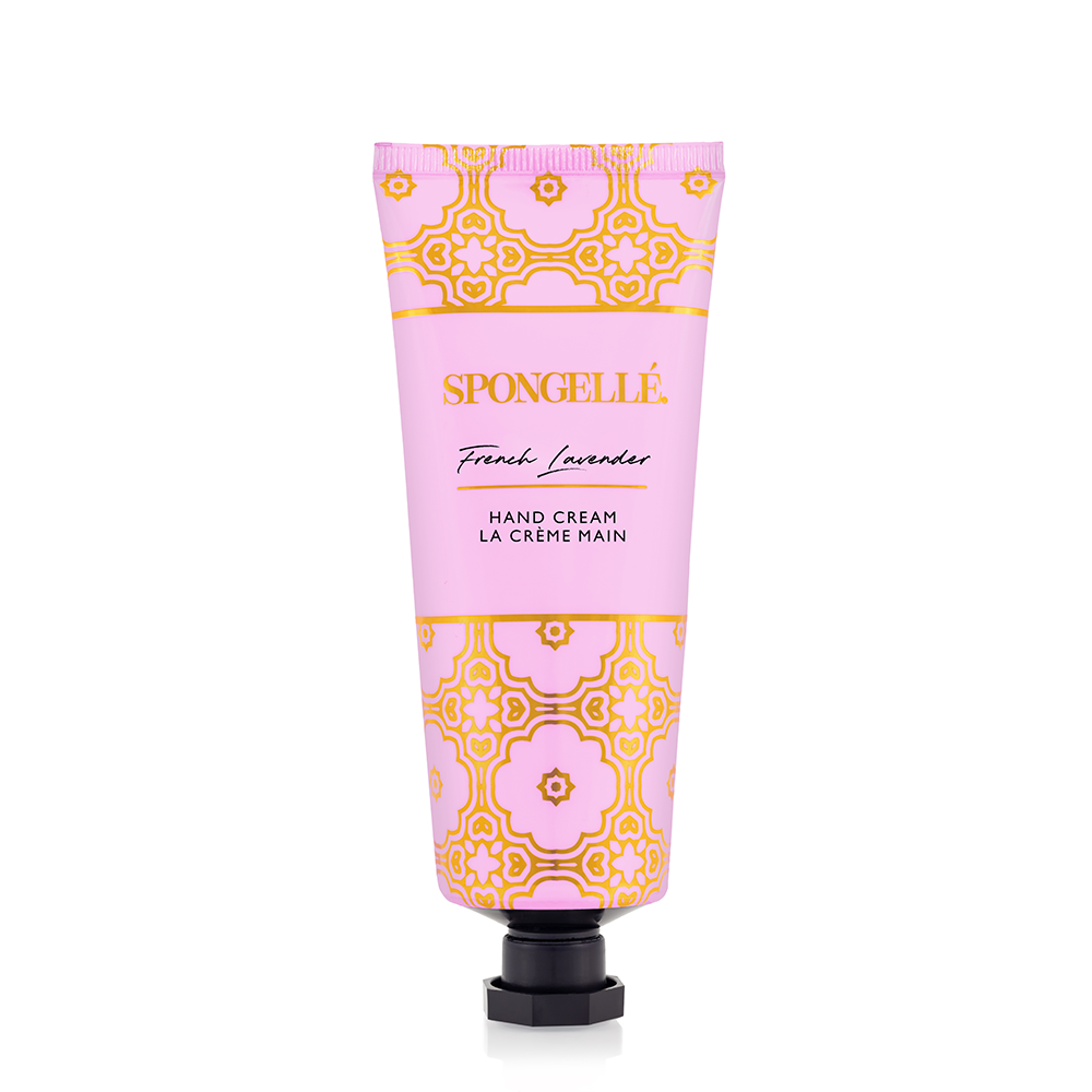 Spongellé French Lavender hand cream tube with lavender floral design and soft, creamy texture visible on the packaging