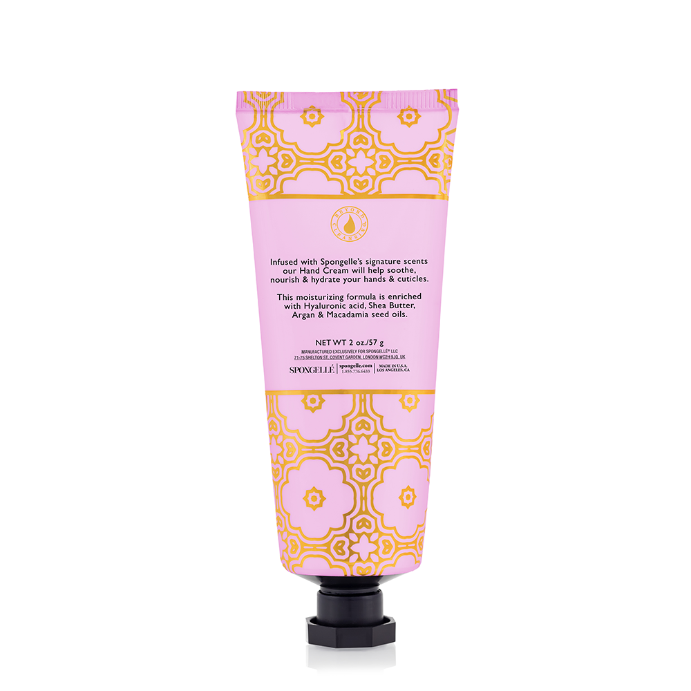 Spongellé French Lavender hand cream in a tube, featuring a lavender floral design and a soft, creamy texture.