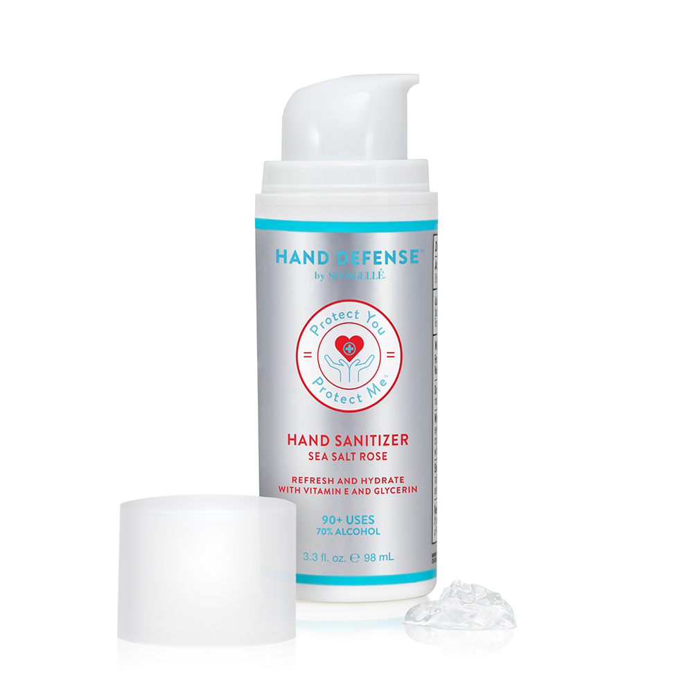 Spongellé Hand Defense Sanitizer bottle with a clear label, featuring a pump dispenser and a sleek, modern design.