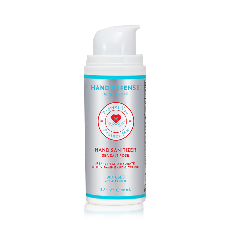 Spongellé Hand Defense Hand Sanitizer bottle with clear label and pump dispenser, designed for portable hand hygiene.