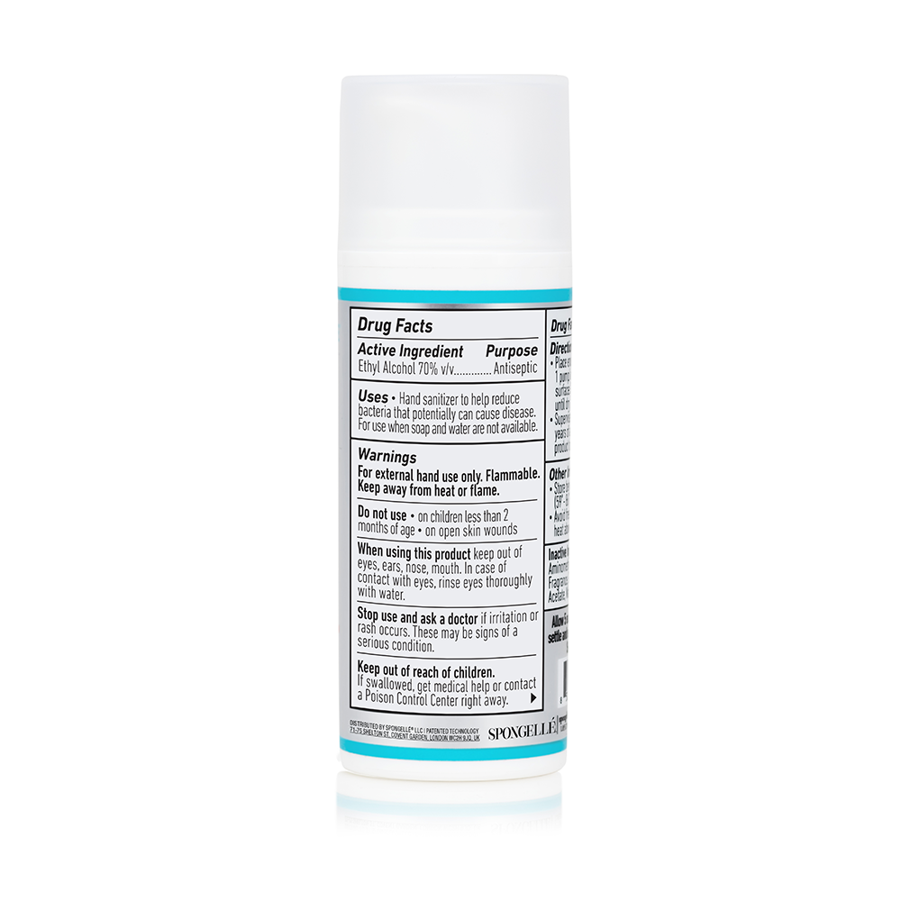 Spongellé Hand Defense Sanitizer bottle with clear label and pump dispenser, designed for hand hygiene and sanitizing.