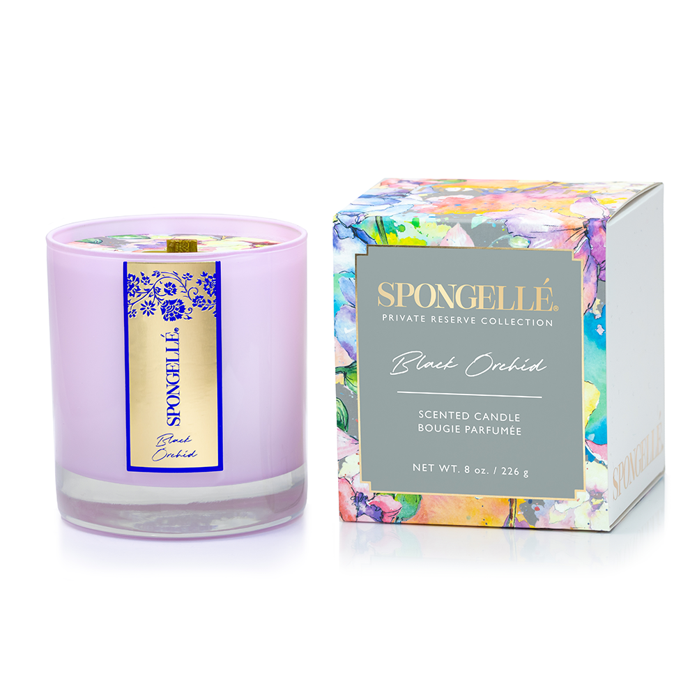 Black Orchid Private Reserve Candle by Spongellé, a home fragrance with a sleek black design and elegant candle wick.