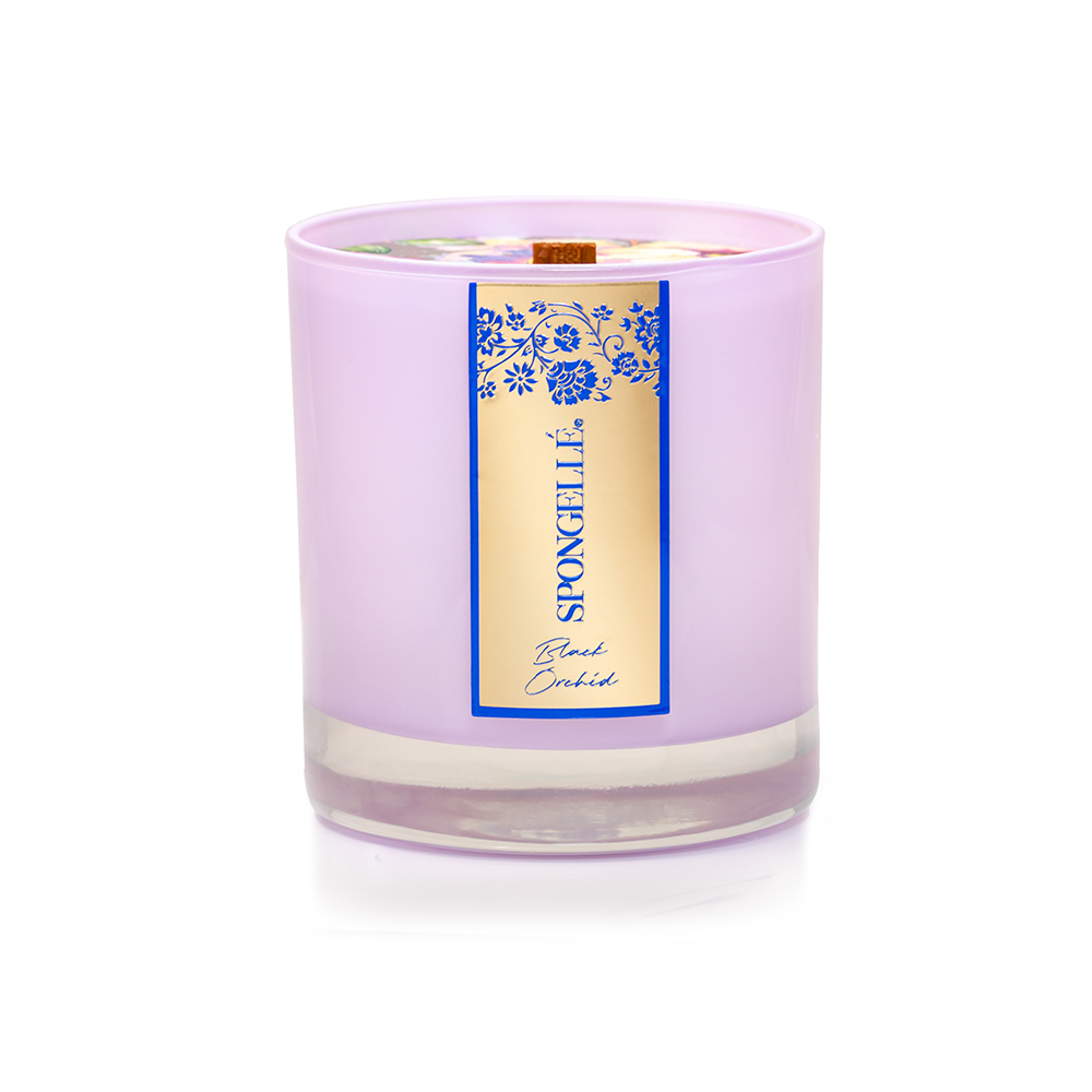Private Reserve Black Orchid candle by Spongellé, a sleek black home fragrance candle with a subtle floral scent.
