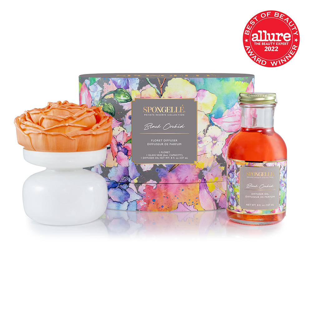 Black Orchid Private Reserve diffuser by Spongellé, a sleek home fragrance with a modern glass container and black orchid scent.
