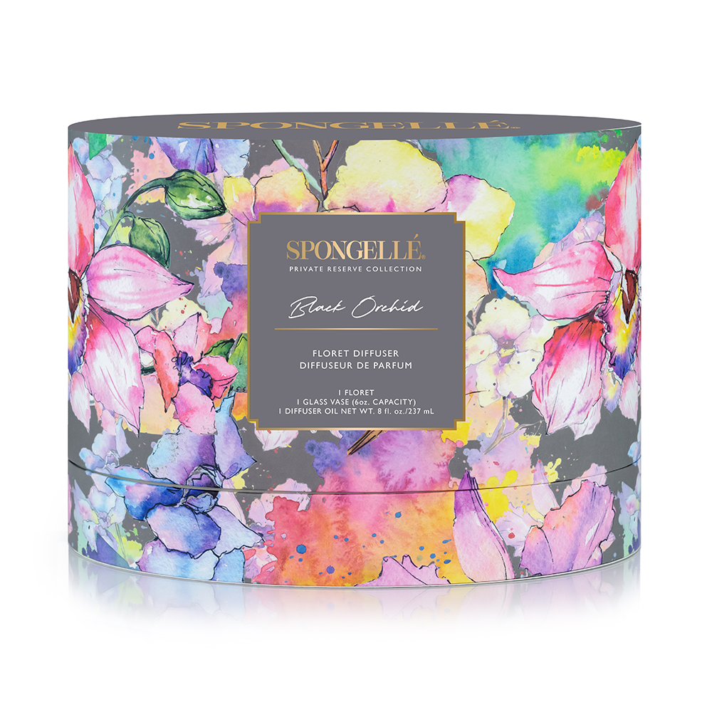 Spongellé Black Orchid Private Reserve diffuser for home fragrance, featuring a sleek black design and elegant floral accents.