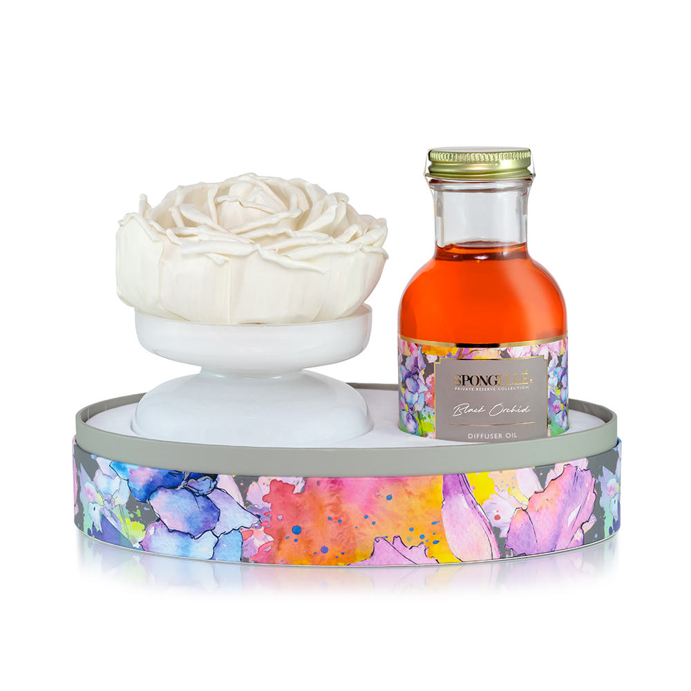 Black Orchid Private Reserve diffuser by Spongellé, a sleek home fragrance with a black orchid scent in a stylish diffuser bottle.