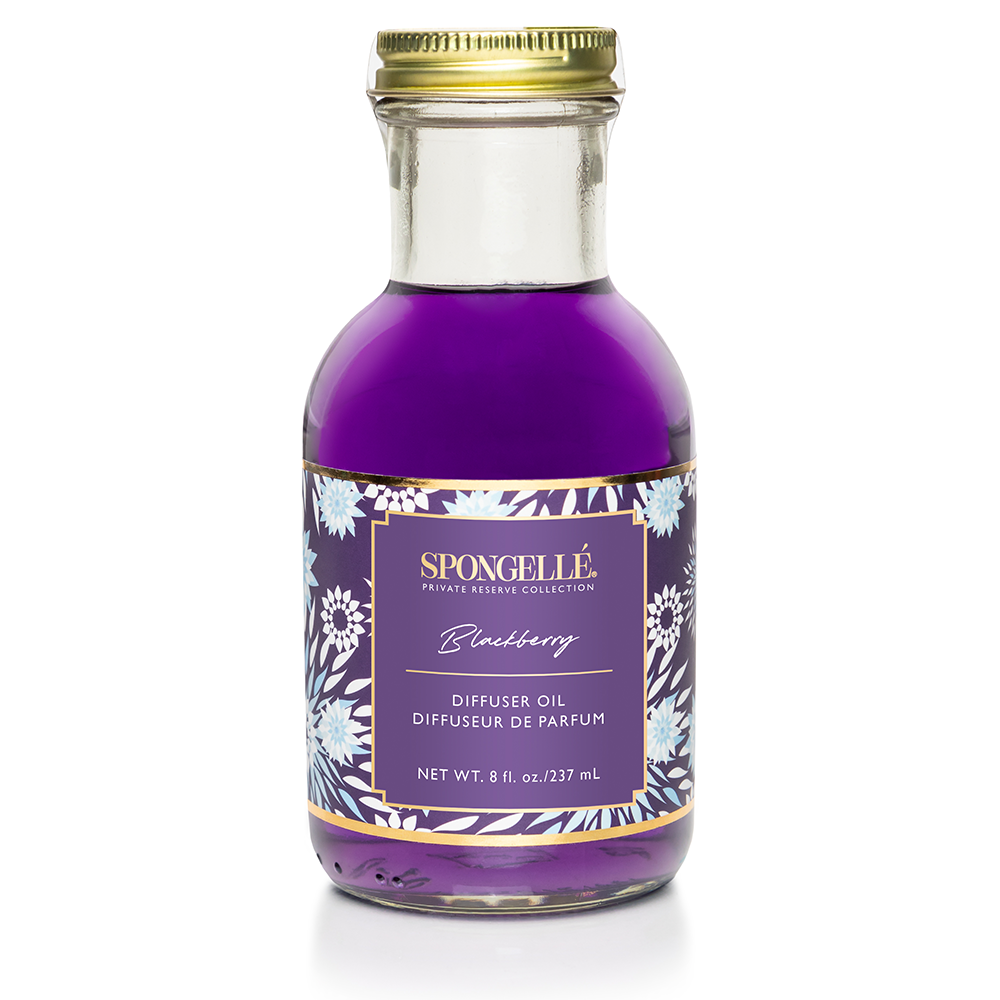 Blackberry diffuser oil from Spongellé's Private Reserve Collection, a home fragrance with a rich blackberry scent in a elegant bottle.