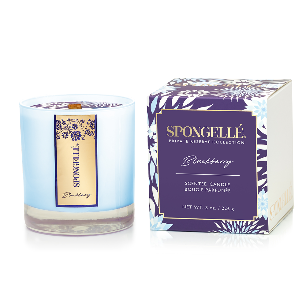 Blackberry Private Reserve Candle by Spongellé, a home fragrance with a blackberries scent, in a stylish candle holder.
