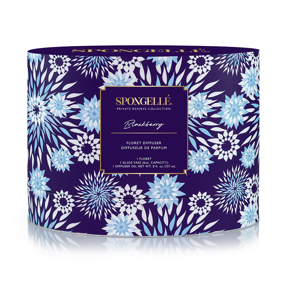 Blackberry Private Reserve Diffuser by Spongellé, a home fragrance with blackberries and decorative diffuser sticks in a stylish container.