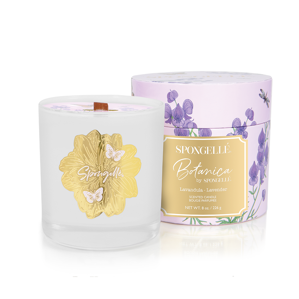 Lavender Botanica candle by Spongellé, a home fragrance with a lavender-scented candle in a stylish container.
