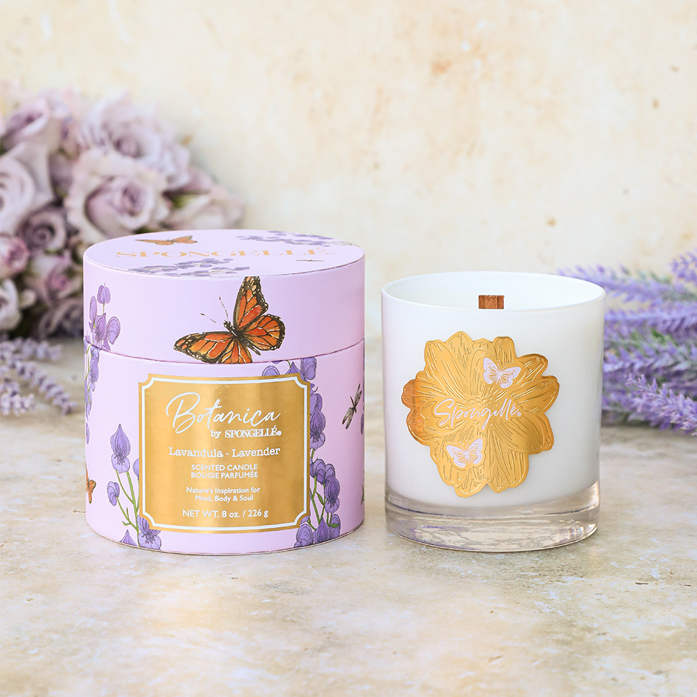 Lavender Botanica candle by Spongellé, a home fragrance with a lavender scent, featuring a candle in a stylish container.