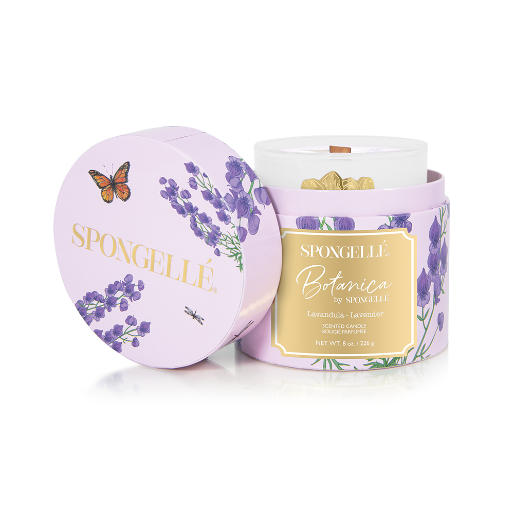 Lavender Botanica candle by Spongellé, a home fragrance with a lavender scent, shown in a clear glass container.