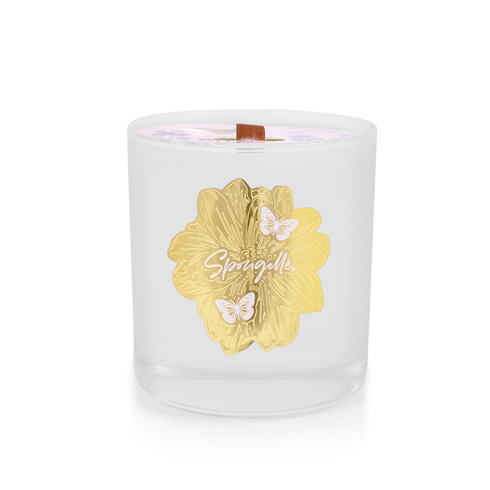 Lavender Botanica Candle by Spongellé, a home fragrance with a lavender scent, shown in a sleek glass container.