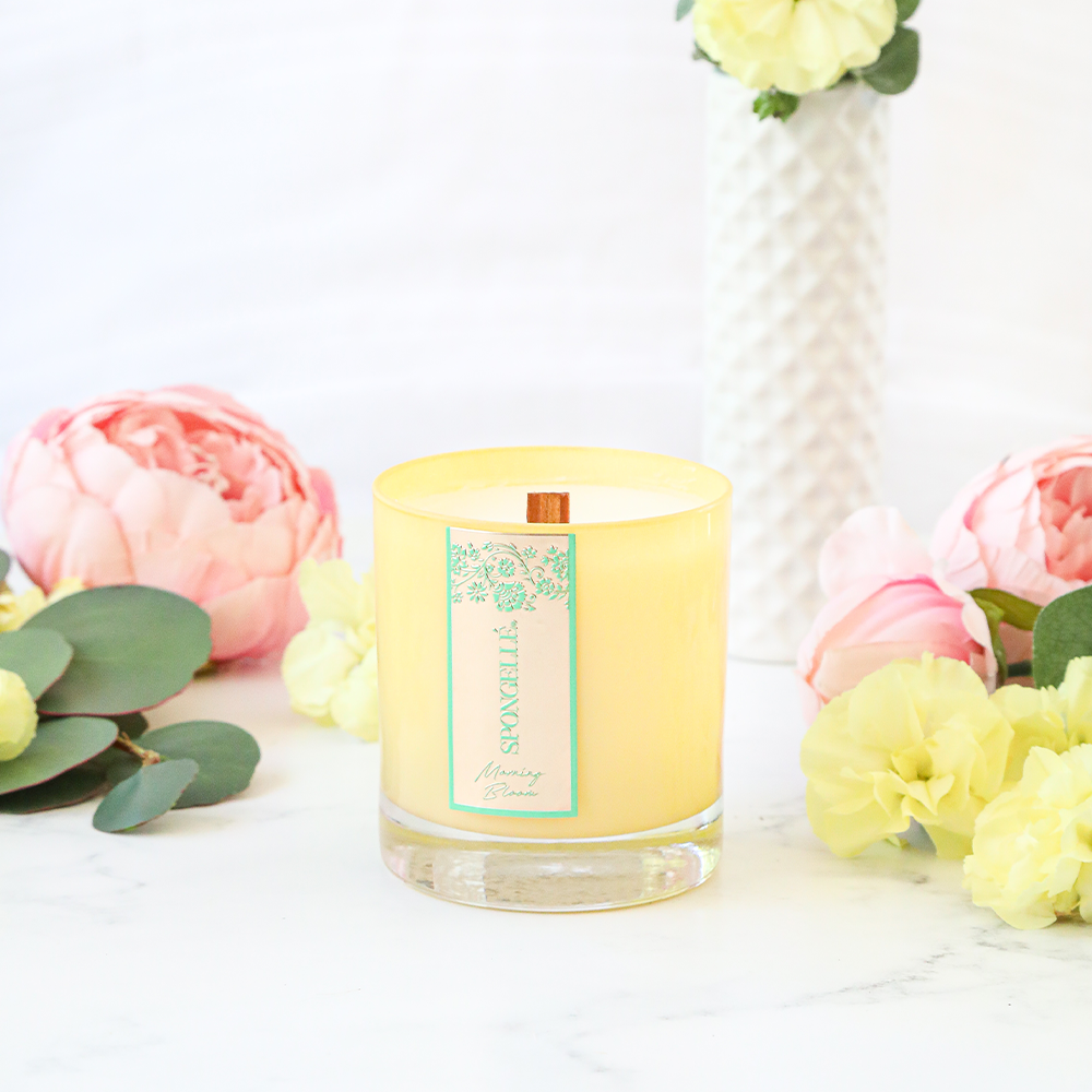 Spongellé Morning Bloom Private Reserve Candle for home fragrance, featuring a sleek container and floral-inspired design.