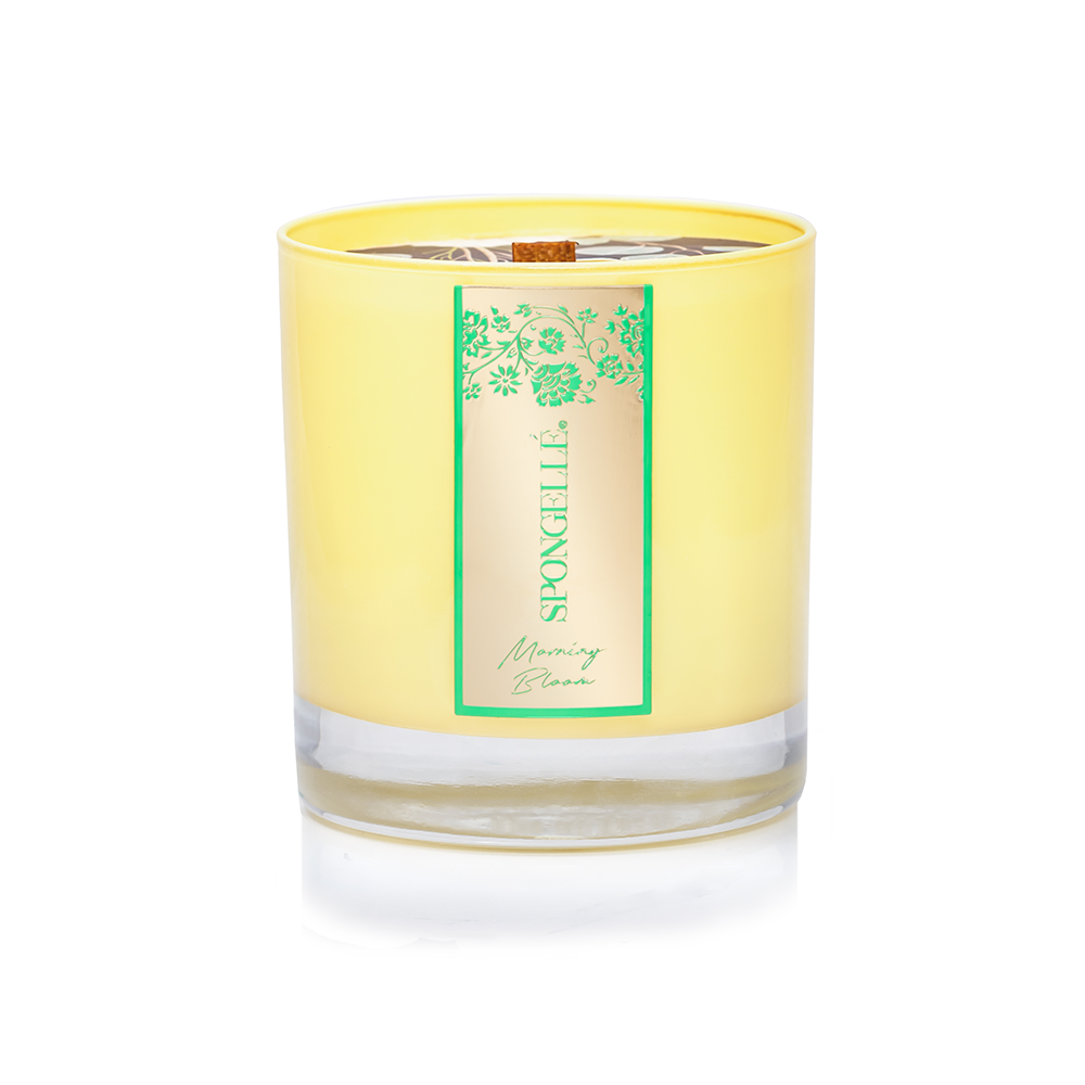 Spongellé Morning Bloom Private Reserve Candle, elegant home fragrance with floral design and warm candle flame.