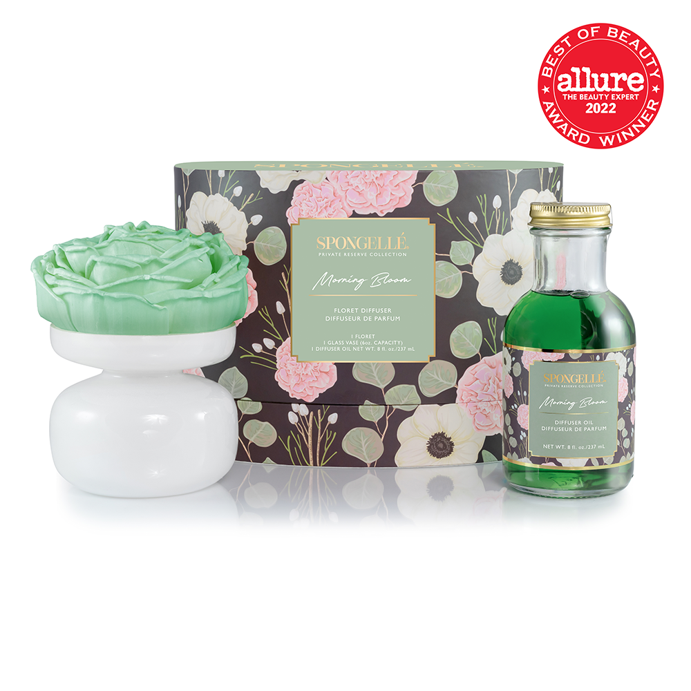Spongellé Morning Bloom Private Reserve diffuser for home fragrance, with a sleek modern design and elegant glass container.
