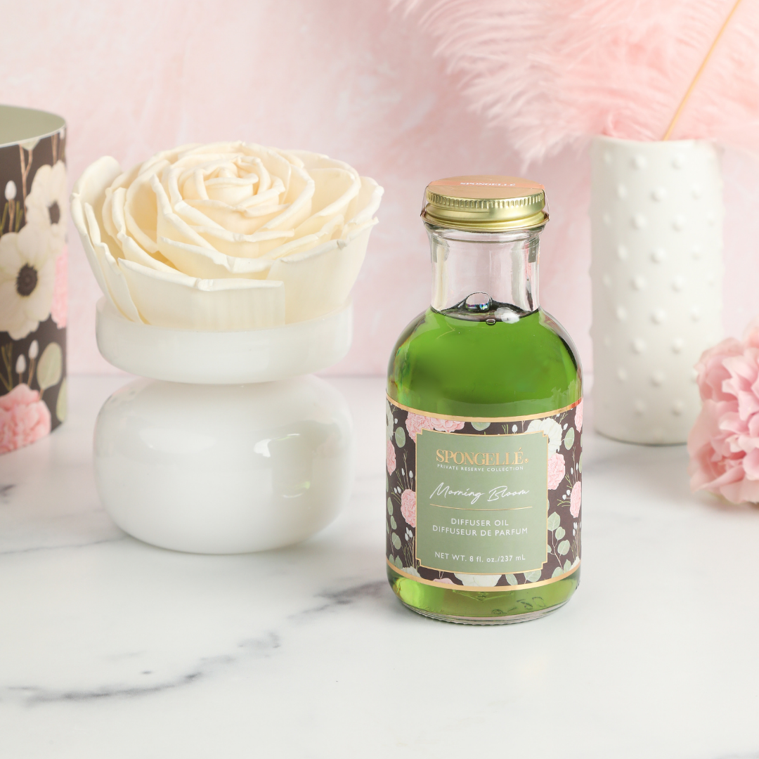 Spongellé Morning Bloom Private Reserve diffuser for home fragrance, elegant glass bottle with floral scent and modern design.