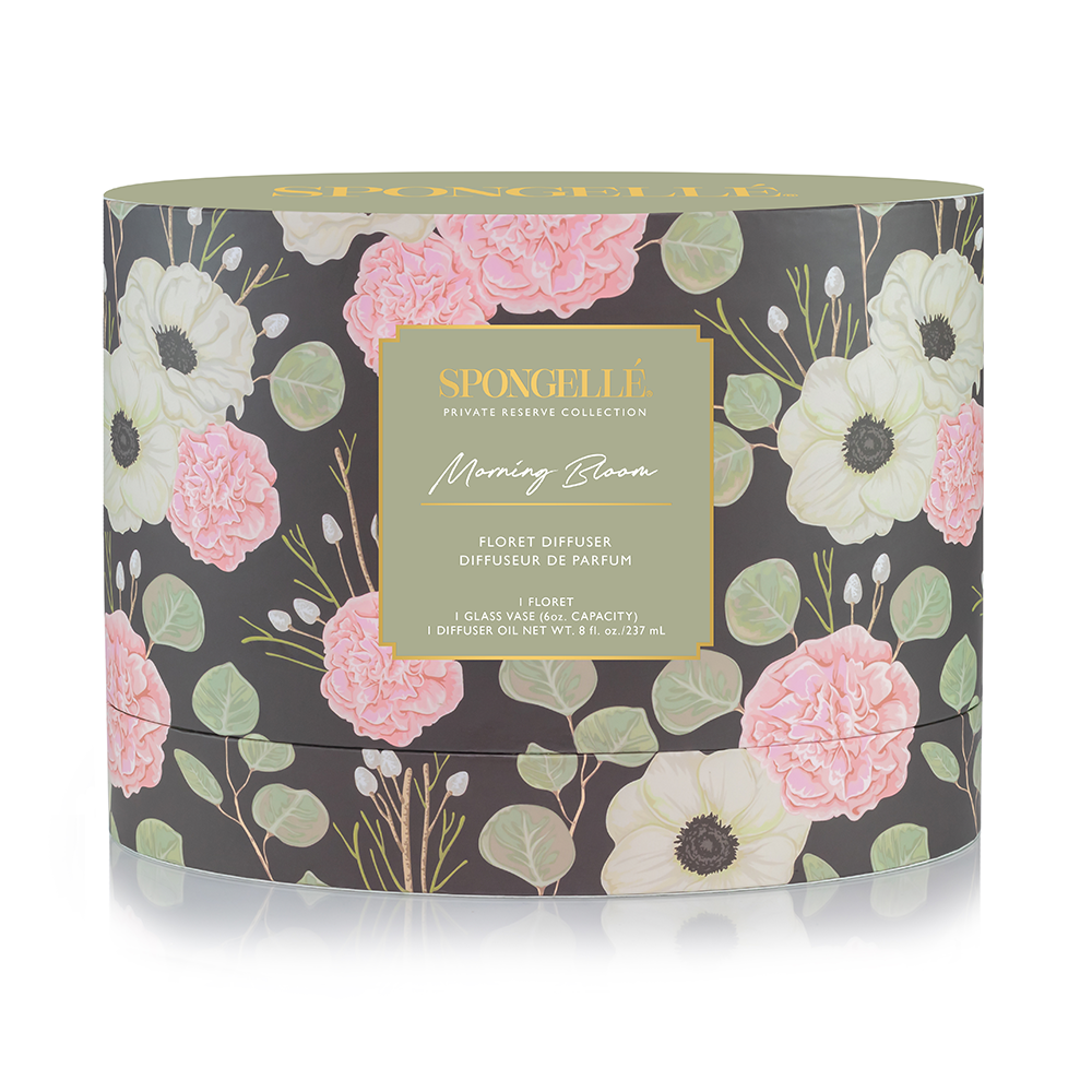 Spongellé Morning Bloom Private Reserve diffuser for home fragrance, featuring a stylish glass container and floral scent.
