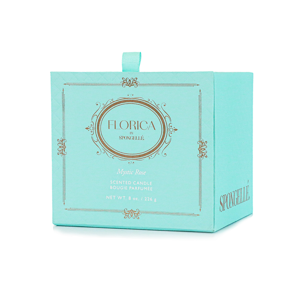 Mystic Rose candle from Florica by Spongellé, a home fragrance with a soft floral design and elegant glass container.