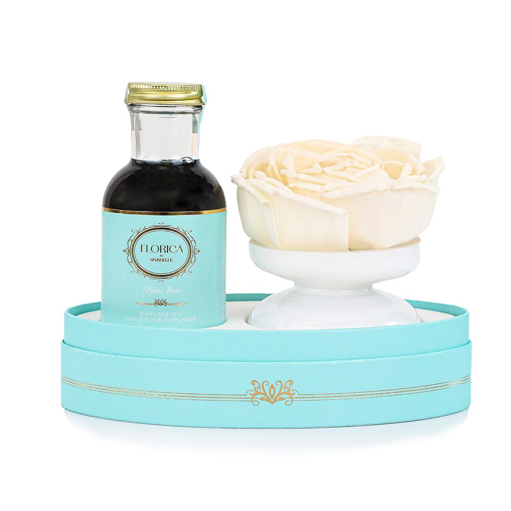 Spongellé Mystic Rose Floret Diffuser by Florica, a home fragrance with elegant floral design and glass bottle for aromatic ambiance.