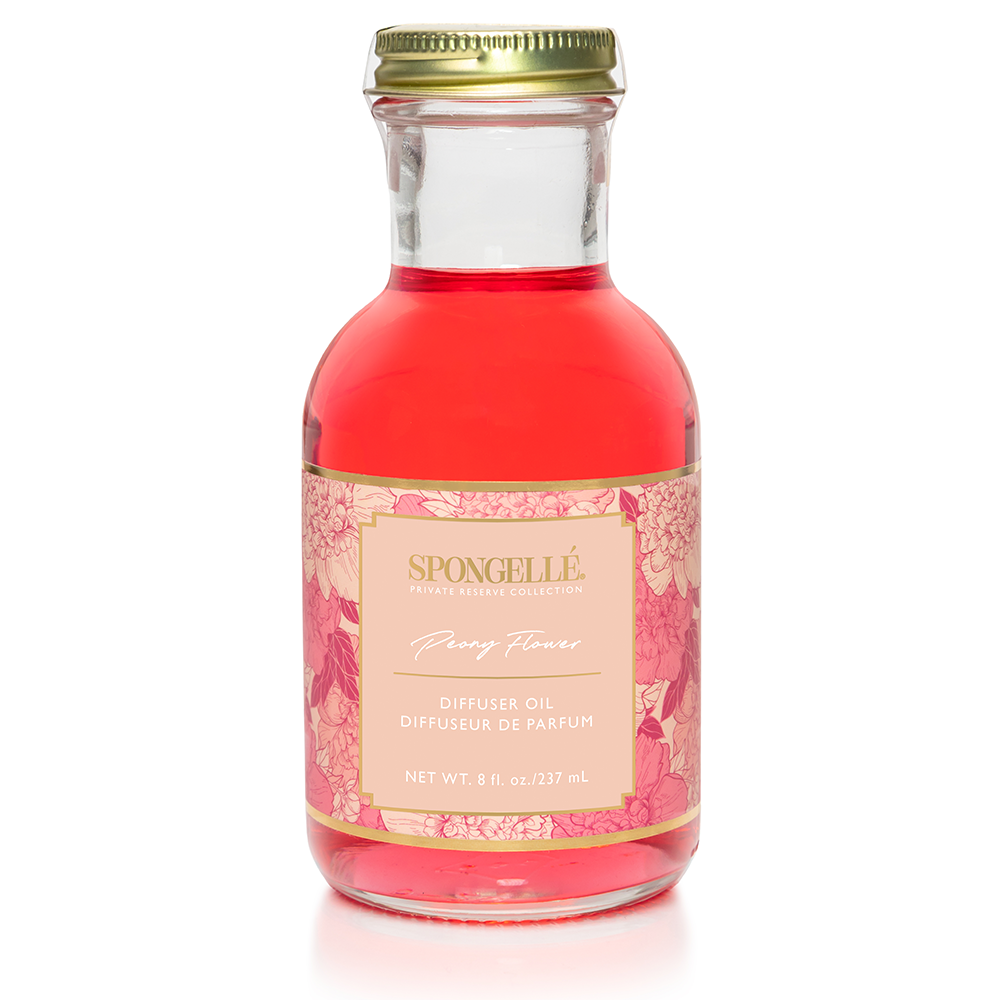 Spongellé Peony Flower Diffuser Oil from the Private Reserve Collection, home fragrance with a floral peony scent and elegant bottle.