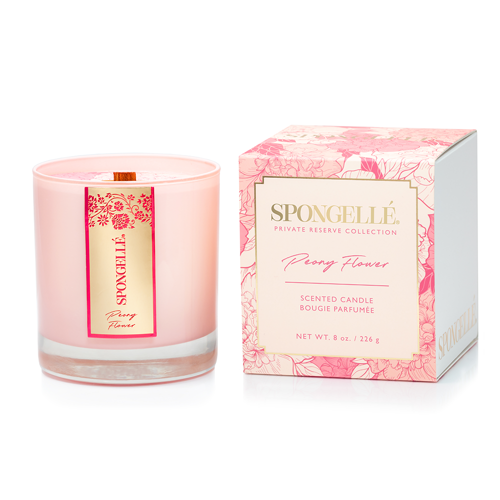Spongellé Peony Flower Private Reserve Candle, a home fragrance with a peony floral design and elegant glass container.