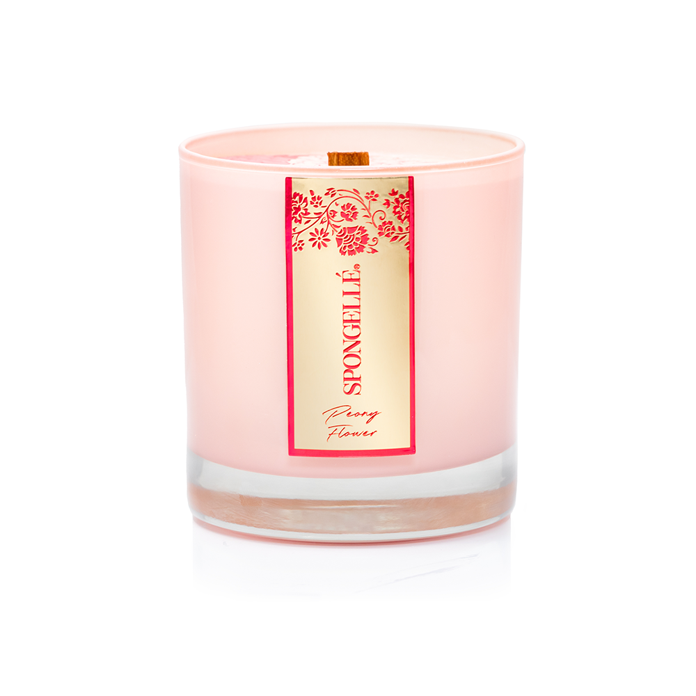 Spongellé Peony Flower Private Reserve Candle, elegant home fragrance with a peony blossom design, in a stylish candle jar.