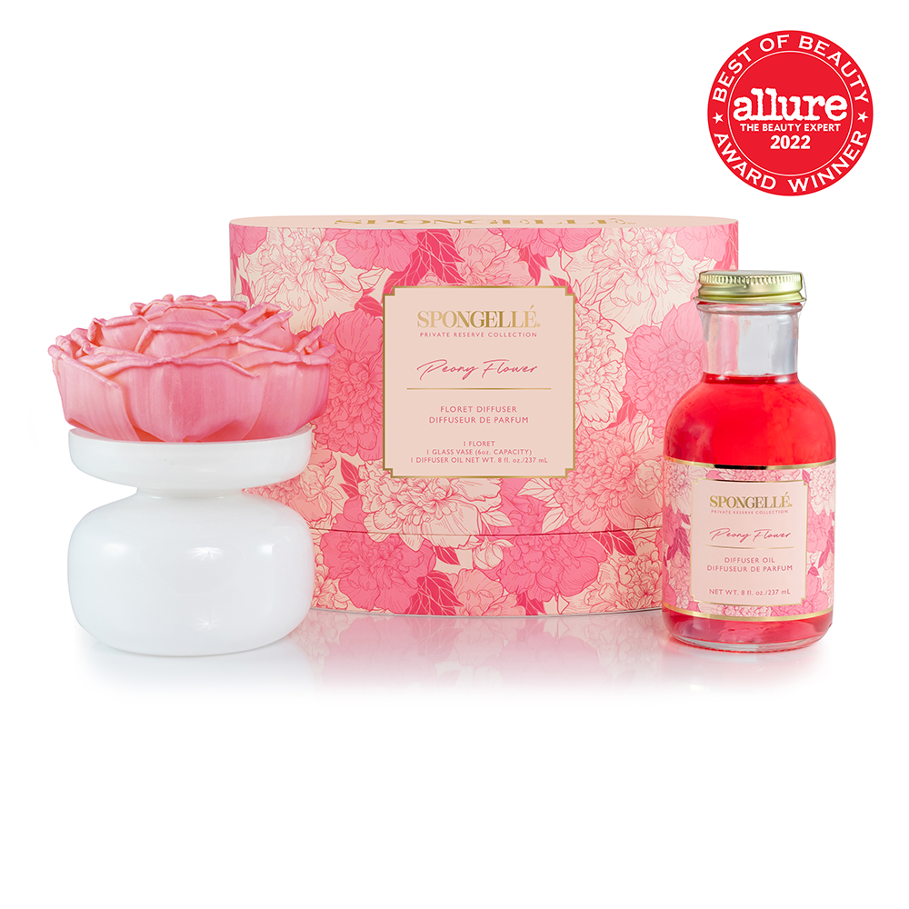 Spongellé Peony Flower Private Reserve diffuser for home fragrance with elegant glass bottle and fresh peony bloom design.