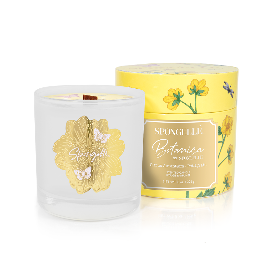 Spongellé Petitgrain Botanica Candle, a home fragrance candle with a fresh citrus scent and natural botanical design.