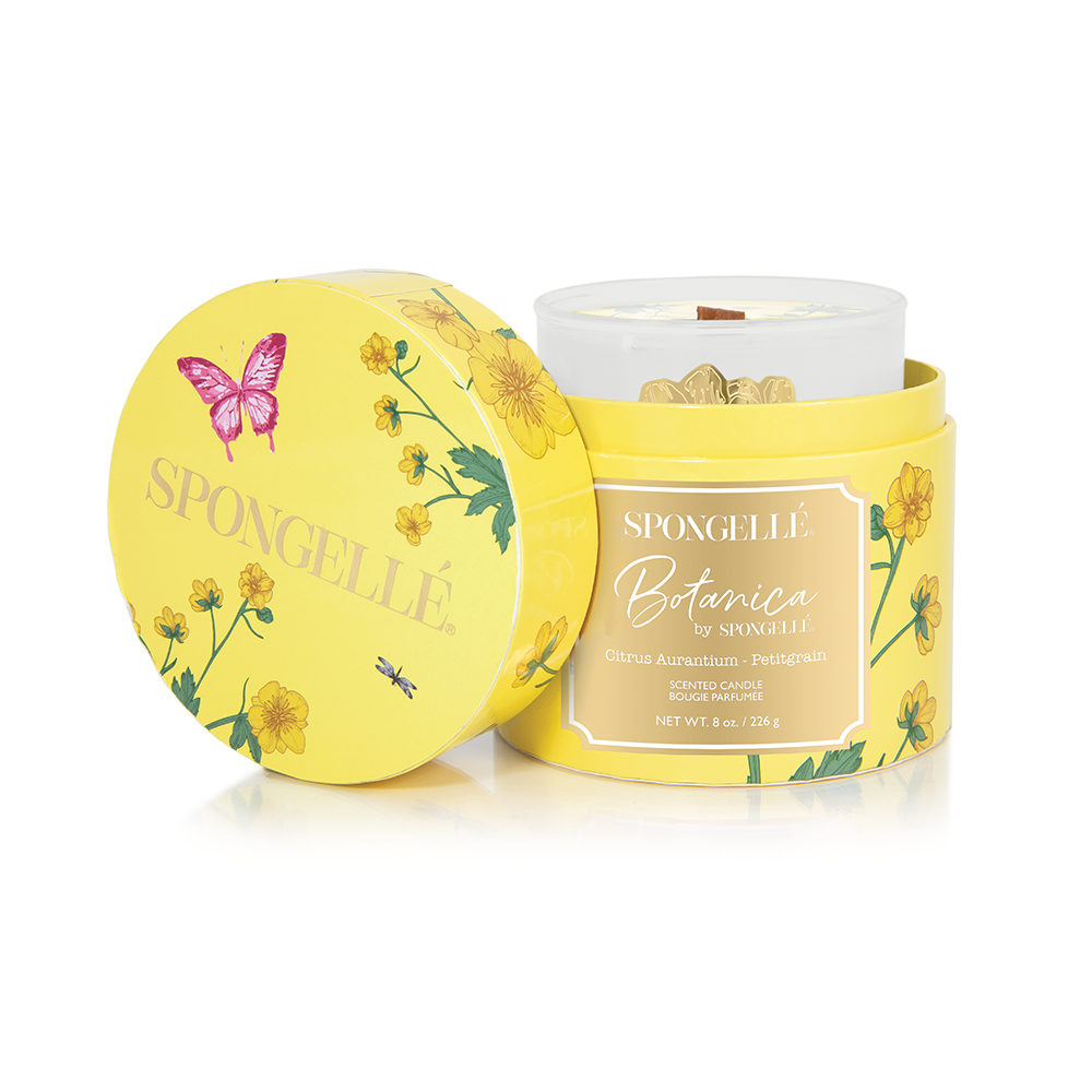 Spongellé Petitgrain Botanica candle for home fragrance, featuring a sleek container with botanical-inspired design.