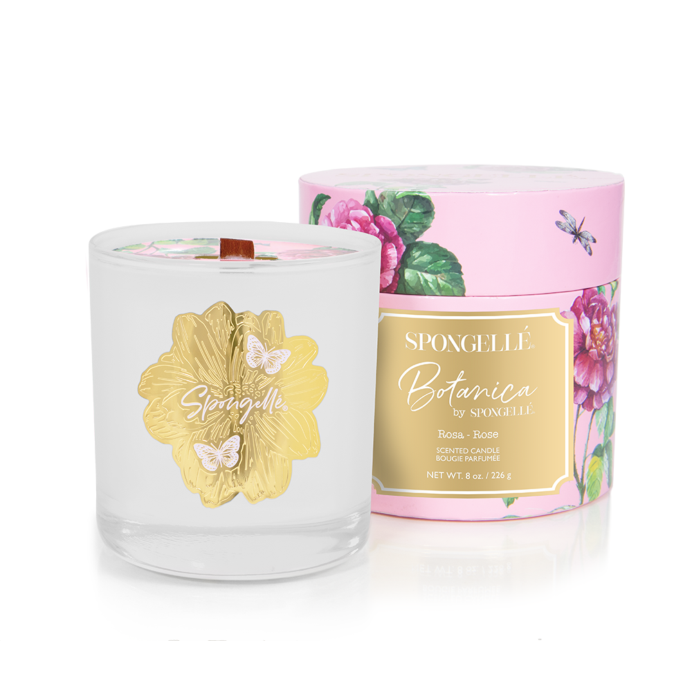 Spongellé Rose Botanica Candle, a home fragrance candle with a floral rose scent, displayed in a glass holder.