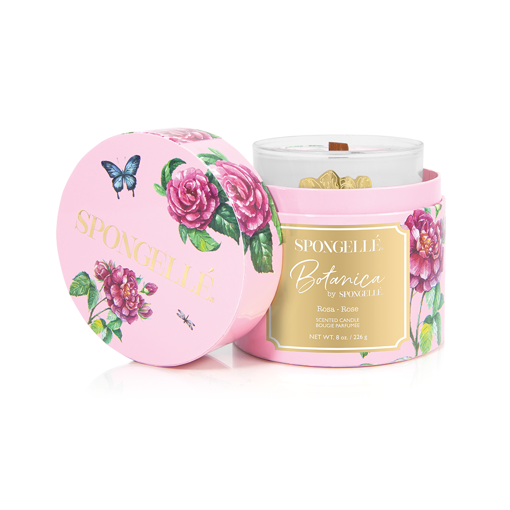 Spongellé Rose Botanica Candle, a home fragrance with a sleek glass container and a blooming rose design.