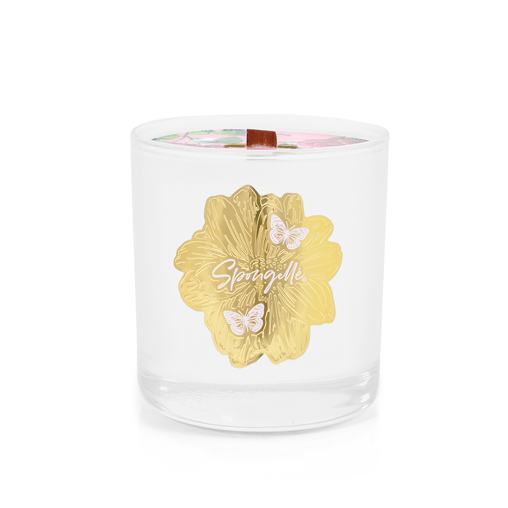 Spongellé Botanica Rose candle in a glass jar, showcasing a fragrant home candle with a floral rose scent.