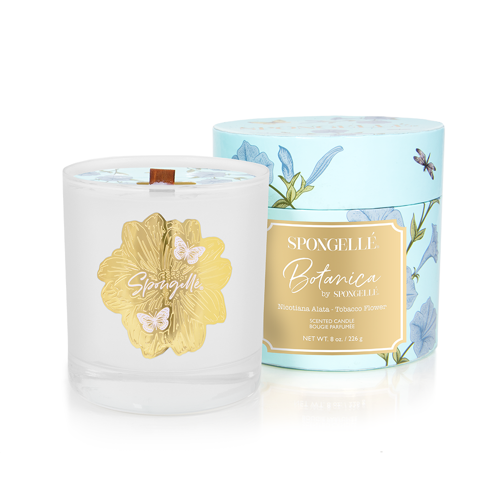 Spongellé Tobacco Flower Botanica Candle, a home fragrance with a warm tobacco blossom scent and elegant glass holder.