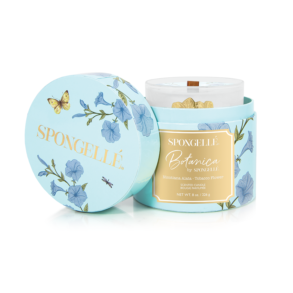 Spongellé Tobacco Flower Botanica Candle, a home fragrance candle with a tobacco flower scent in a stylish container.