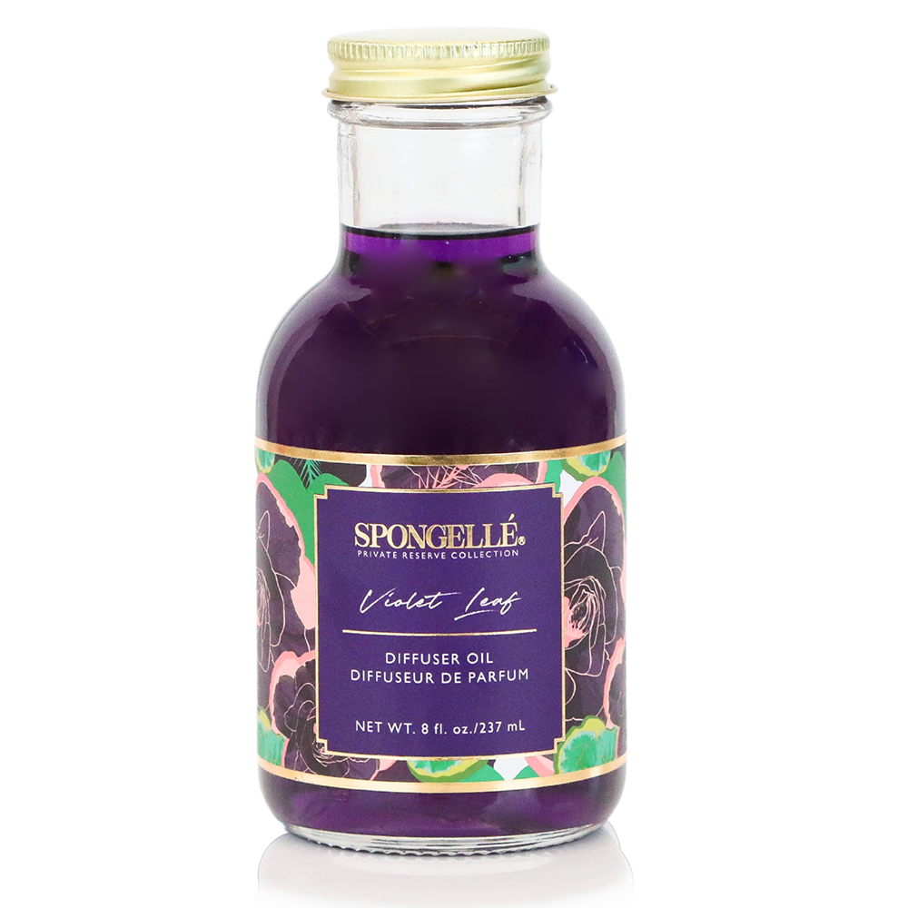 Violet Leaf Diffuser Oil from Spongellé’s Private Reserve Collection, showcasing a home fragrance bottle with violet leaf scent.