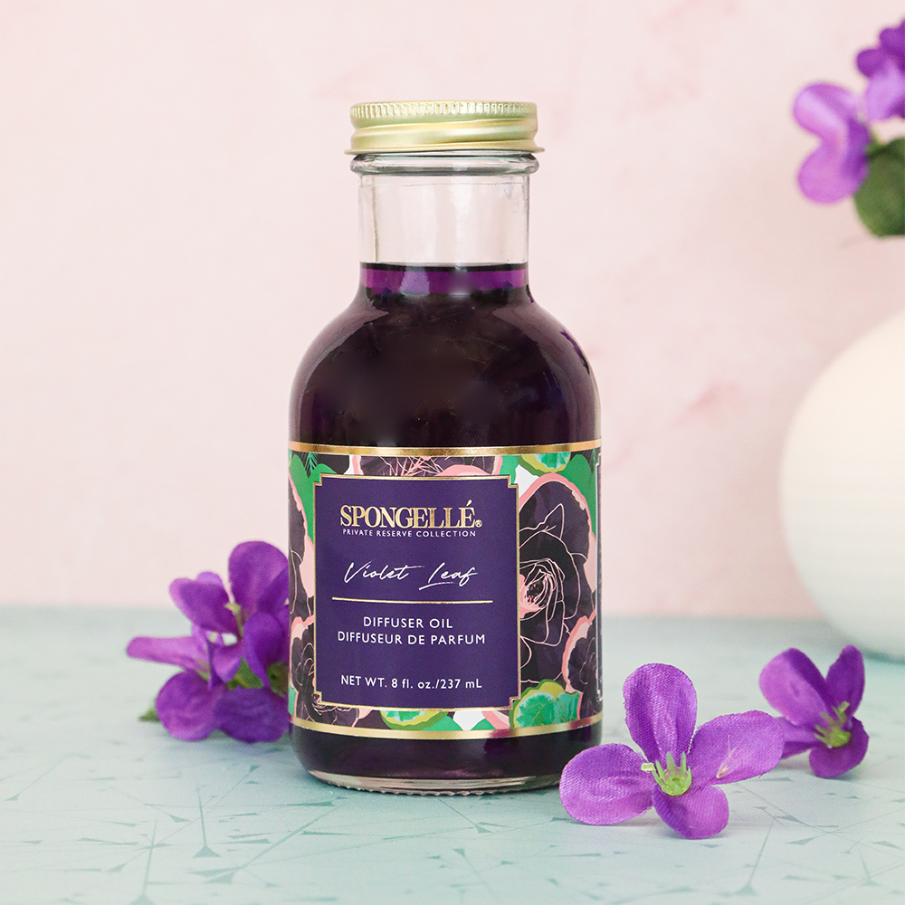 Violet Leaf Diffuser Oil from Spongellé's Private Reserve Collection, featuring a home fragrance with violet leaf scent.