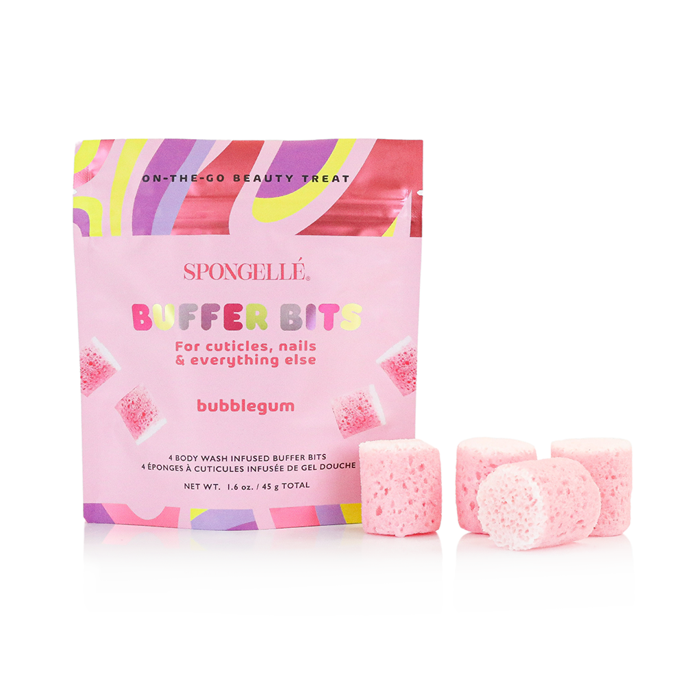 Spongellé PediPOP! Bubblegum Pedi Buffer Bits for exfoliating and smoothing feet, featuring vibrant pink bubblegum design.