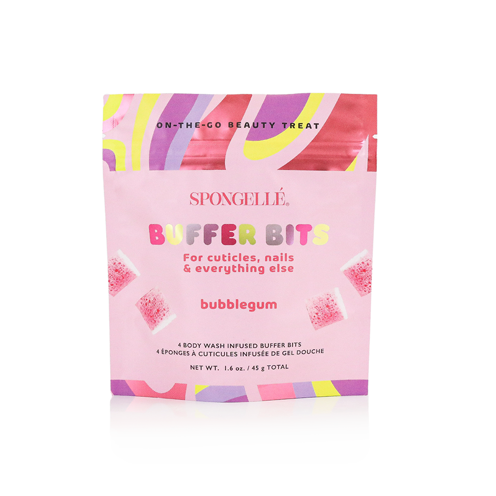 Spongellé PediPOP! Bubblegum Pedi Buffer Bits for gentle exfoliation and smooth skin, shown in pink packaging.