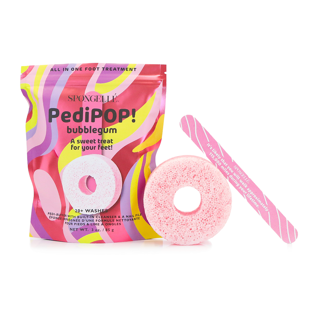 Spongellé PediPOP! Bubblegum Pedi Buffer and Nail File for smooth, clean pedicures with bright pink design