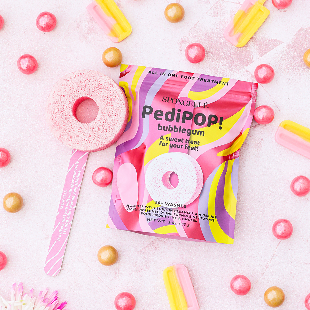 Spongellé PediPOP! bubblegum Pedi Buffer and nail file set for smooth, polished feet and nails.