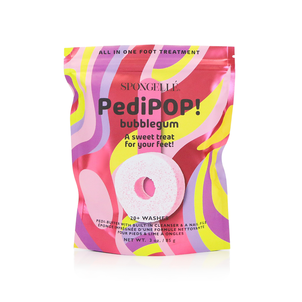 Spongellé PediPOP! Pedi Buffer and Nail File in Bubblegum color, featuring a textured surface for smoothing and shaping nails.