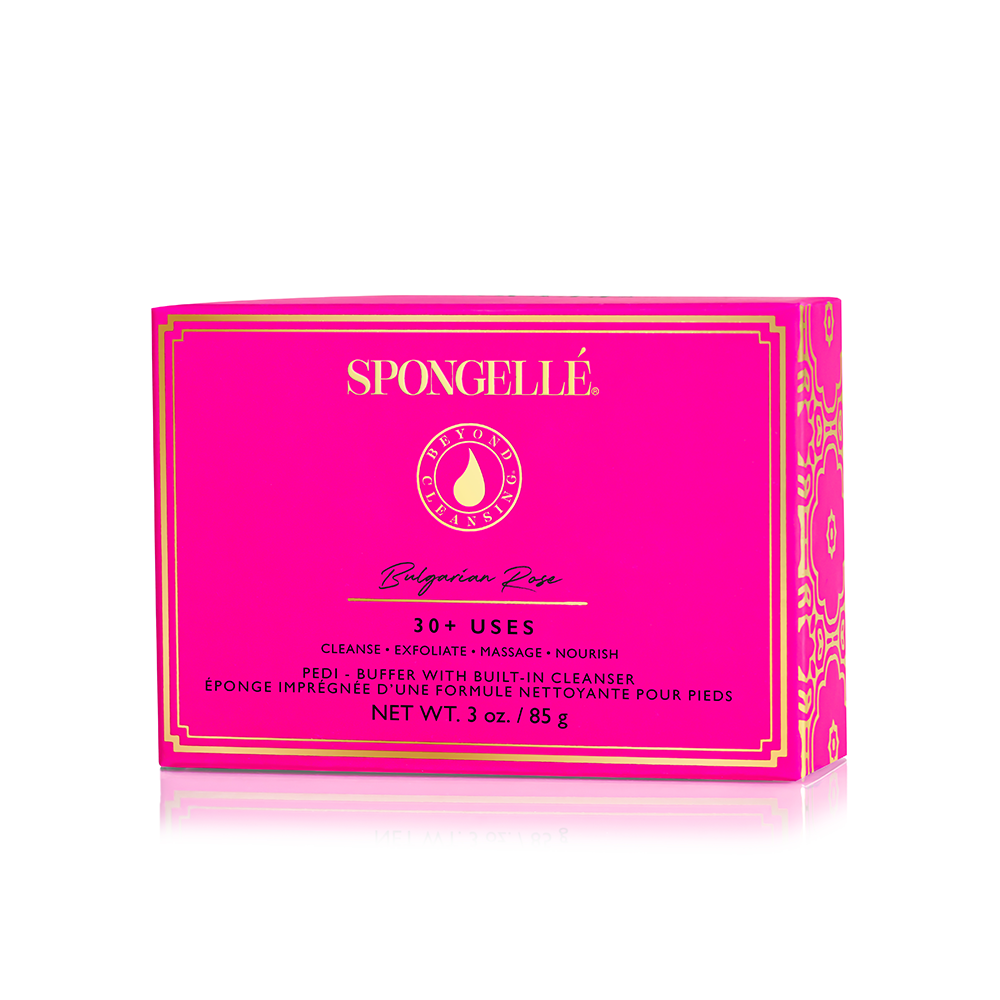 Spongellé Bulgarian Rose Pedi Buffer showing a soft, textured buffer with floral design, ideal for exfoliating and refreshing feet