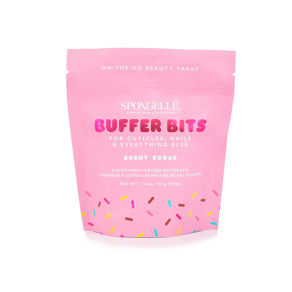 Spongellé Burnt Sugar Pedi Buffer Bits for gentle skin exfoliation and smooth feet care.