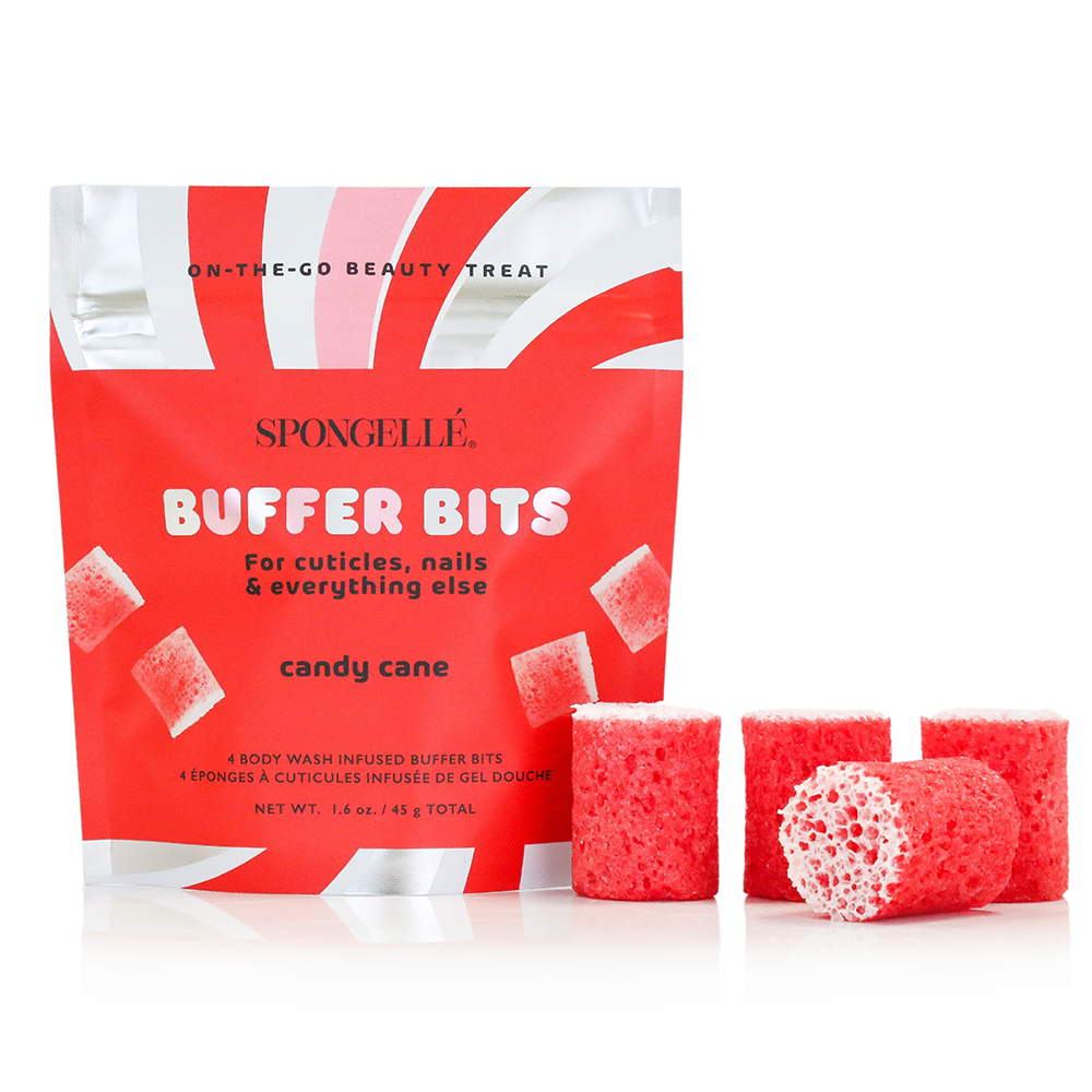 Spongellé Candy Cane Pedi Buffer Bits for holiday-themed pedicure, featuring red and white candy cane design and textured buffer surface.