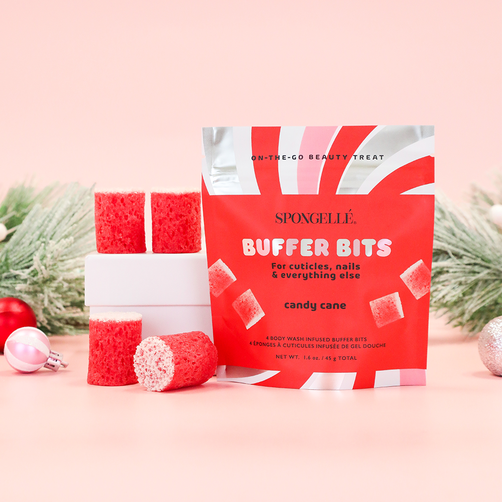 Spongellé Candy Cane Pedi Buffer Bits for holiday-themed pedicure, featuring festive red and white candy cane design.