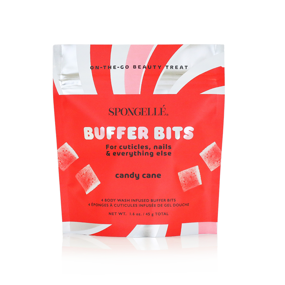 Spongellé Holiday PediPOP! Candy Cane Pedi Buffer Bits for smooth, refreshed feet with festive holiday design